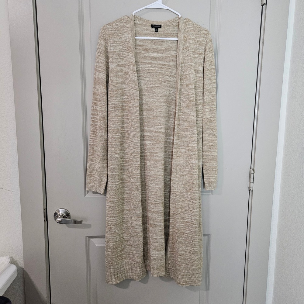 Talbots Womens Small Tan Marled Open Front Duster Cardigan Sweater Side Slit